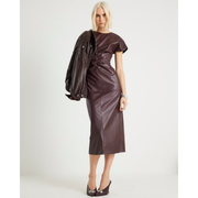 Red Faux Leather Cinched Waist Midi Dress