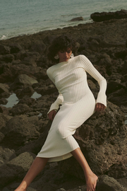 Cuffed Ribbed Knit Dress (Cream)