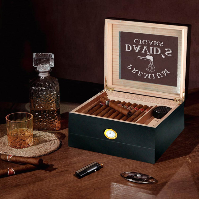 Cigar Humidor, Personalized Engraved Humidor Gift for Men/Women. Glass Top Tabletop and Storage Drawer with Hygrometer, Humidifier, Dividers, Double Layer