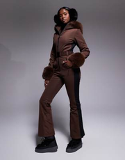ASOS 4505 Ski soft shell belted ski suit with side stripes and faux fur trim in coffee