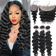 Lolly Loose Deep Wave Bundles with Closure Frontal 13x4 HD Lace Frontal with Human Hair Bundles and 4x4 Lace Closure
