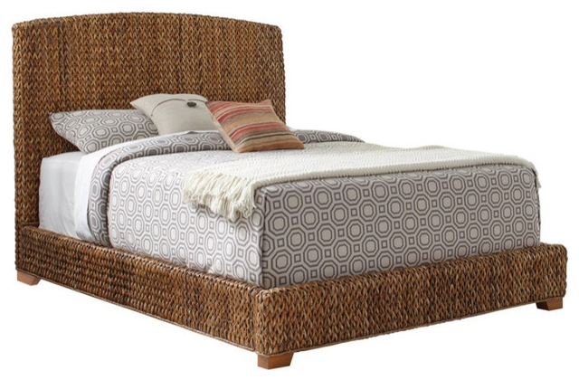 Hand Woven Banana Leaf Eastern King Bed with Chamfered Legs, Brown