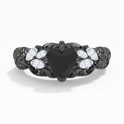 Black Heart Engagement Ring 925 Sterling Silver Pavé Unique Blossom Leaf Traditional Shank Women
