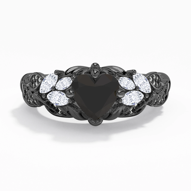 Black Heart Engagement Ring 925 Sterling Silver Pavé Unique Blossom Leaf Traditional Shank Women