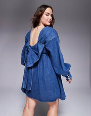 ASOS LUXE Curve denim long sleeve baby doll mini dress with bow back in blue