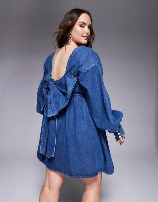 ASOS LUXE Curve denim long sleeve baby doll mini dress with bow back in blue