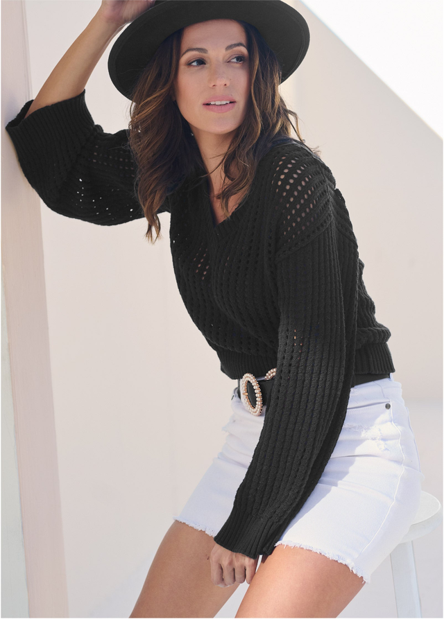 Pointelle Stitch Sweater - Black
