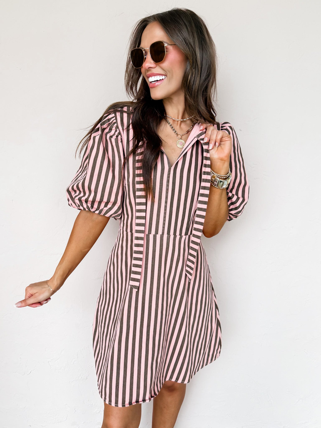 Dare To Explore Striped Bubble Sleeve Dress