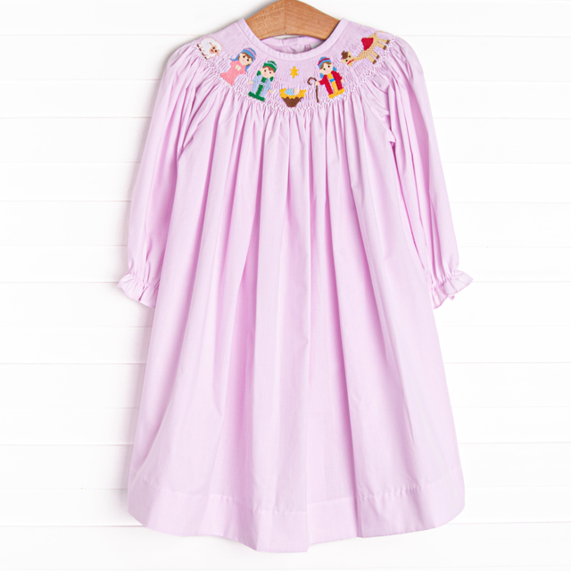 Away in a Manger Smocked Bishop Dress, Pink