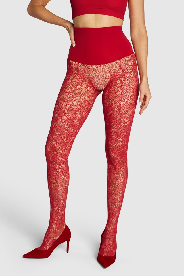 The Peacock Lace Patterned Tights Cardinal Red