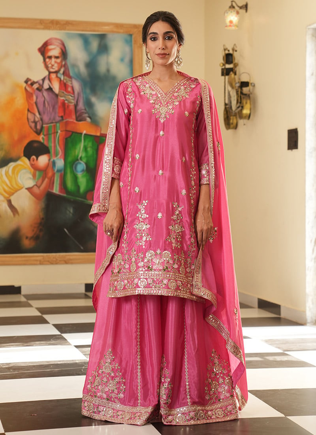 Pink Chinon Silk Embroidered Sequins Palazzo Suit Festive Wear