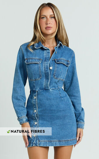 Ainsley Mini Dress - Button Through Long Sleeve Denim Dress in Mid Blue Wash