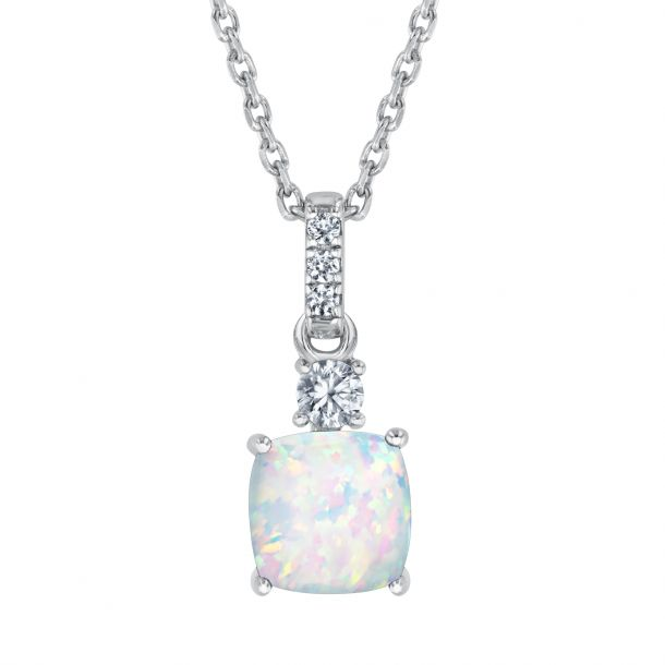Cushion Created Opal and Created White Sapphire Sterling Silver Pendant Necklace