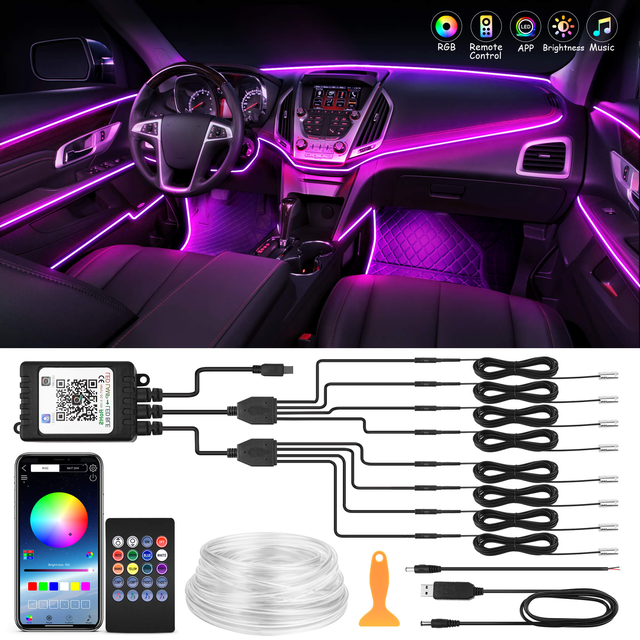 Interior Car LED Strip Lights, RGB Neon Ambient Lighting Kit with Fiber Optic Tubing, 16 Million Colors, Wireless APP & Remote Control, 6-in-1 /8-in-1 /10-in-1