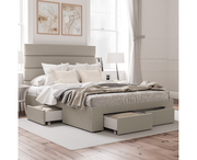 Four Storage Drawers Bed Frame with Horizontal Panel Bed Head in King, Queen and Double Size (Beige Fabric)