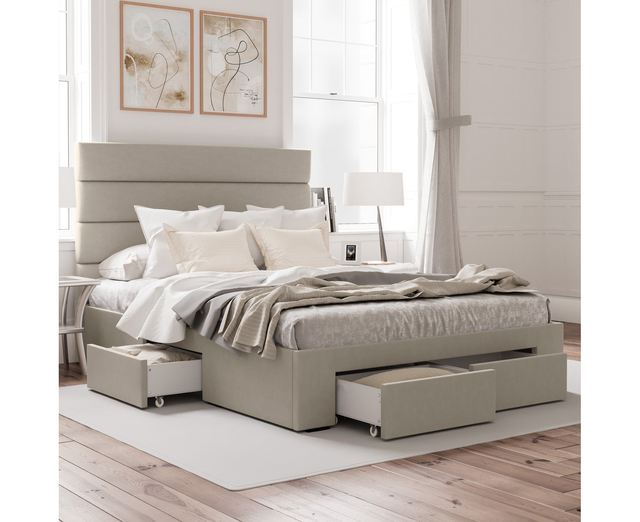 Four Storage Drawers Bed Frame with Horizontal Panel Bed Head in King, Queen and Double Size (Beige Fabric)