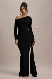 Valina | Black Ruched Asymmetric Maxi Dress With Drape