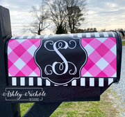 Buffalo Check (Pink) and Black and White Stripe Initial - Magnetic Vinyl Mailbox Cover