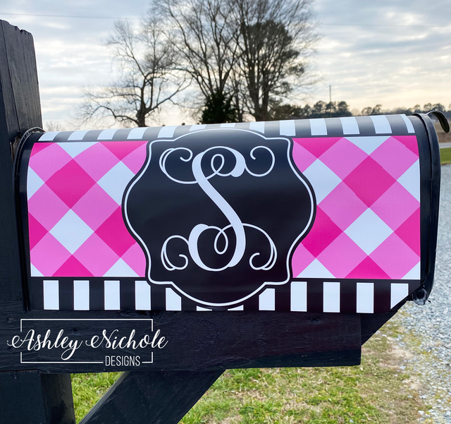 Buffalo Check (Pink) and Black and White Stripe Initial - Magnetic Vinyl Mailbox Cover
