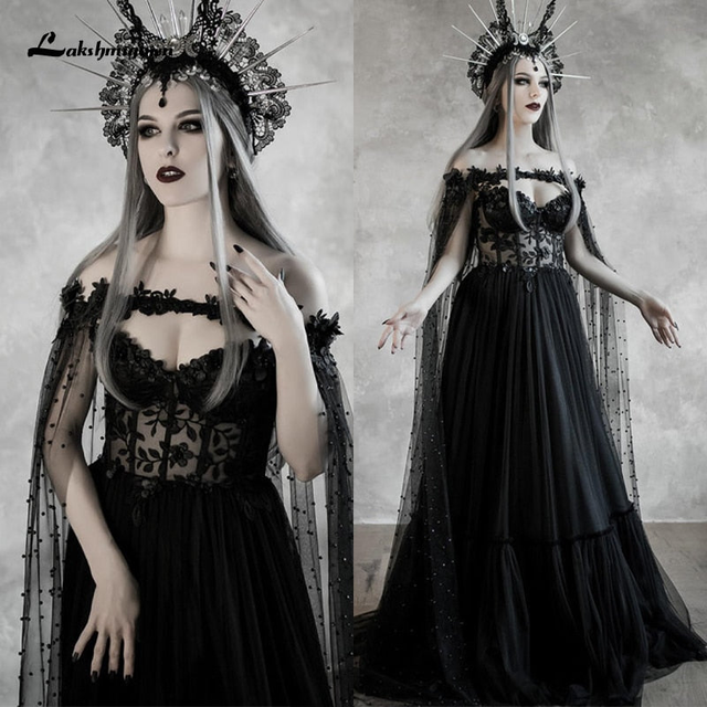 Roycebridal Lakshmigow Dark Fairytale Gothic Black Wedding Dresses with Cupped Corset Bodice Fantasy Bridal Gown Halloween Wedding Cloak