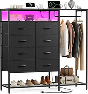 Black Dresser for Bedroom with 8 Drawers and Hanging Rack, 47 Inch Closet Dressers with LED Lights, Shelves & Charging Station, Clothes Storage Organizer