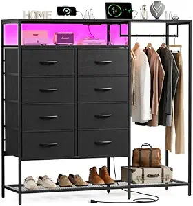 Black Dresser for Bedroom with 8 Drawers and Hanging Rack, 47 Inch Closet Dressers with LED Lights, Shelves & Charging Station, Clothes Storage Organizer