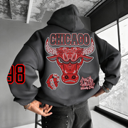 Team Logo Hoodie Gray & Red Color-Blocked Digital Print High-Street Oversized Basketball Hoodie
