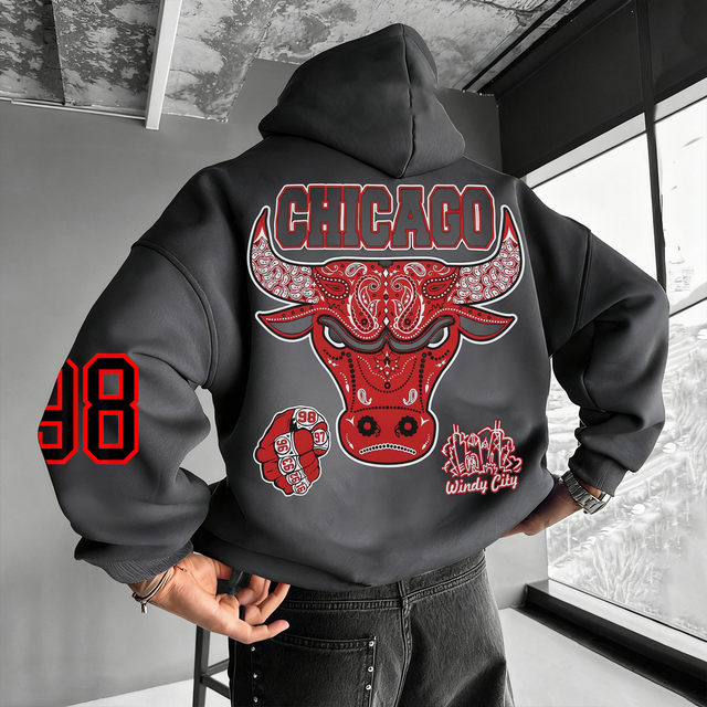 Team Logo Hoodie Gray & Red Color-Blocked Digital Print High-Street Oversized Basketball Hoodie