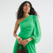 Green Premium One Shoulder Plisse Midi Dress