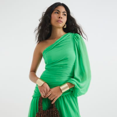 Green Premium One Shoulder Plisse Midi Dress