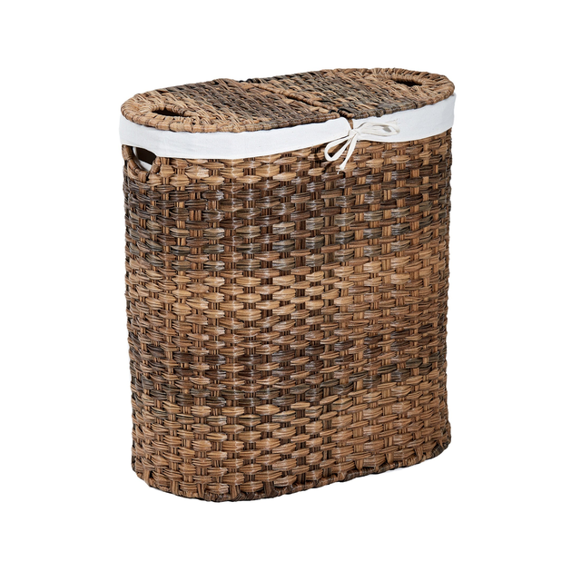 Handwoven Lidded Oval Double Laundry Hamper, Mocha Brown