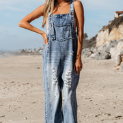 Baylor Distressed Bib Pocket Wide Leg Denim Overall