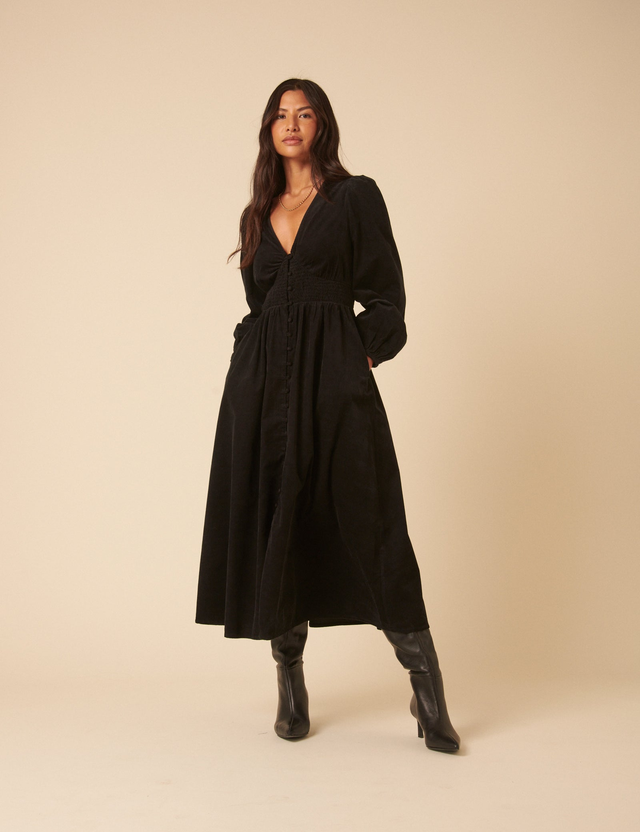 Black Cord Long Sleeve Riley Midi Dress