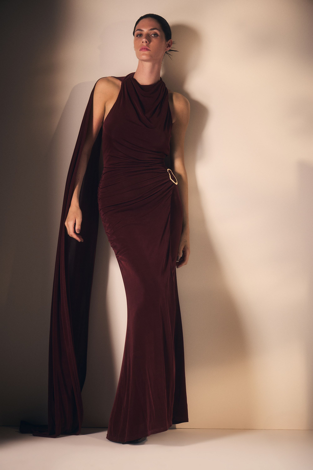 Premium Slinky Crepe High Neck Scarf Detail Maxi Dress | Karen Millen