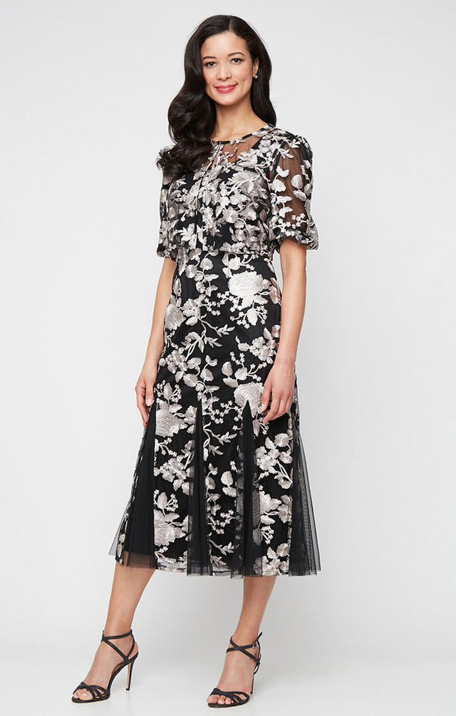 Midi Embroidered Jacket Dress with Square Neckline, Godet Detail Skirt and Elbow Sleeve Jacket