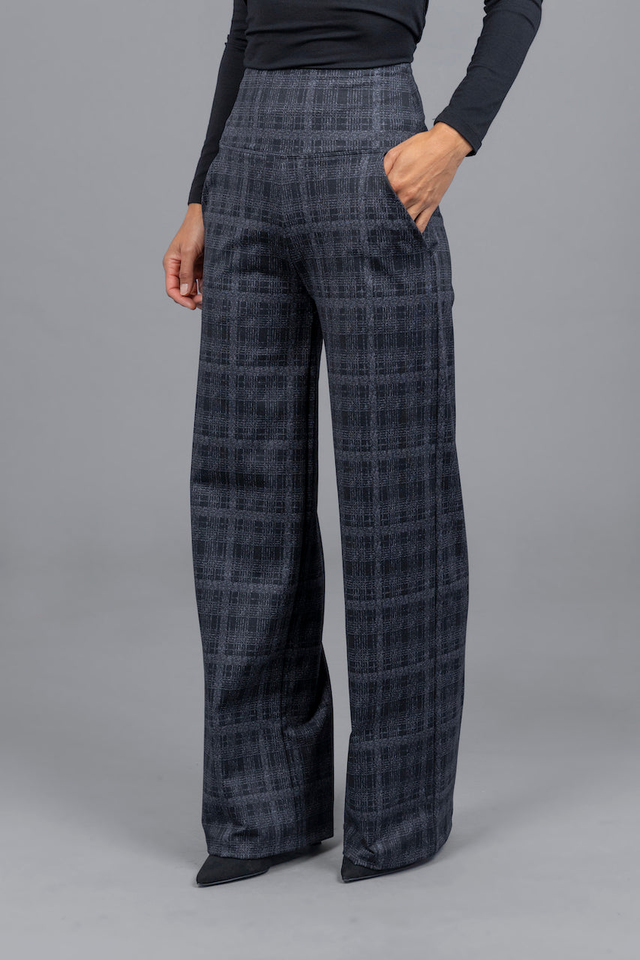HIGH WAIST WIDE LEG PANT: CHARCOAL PLAID