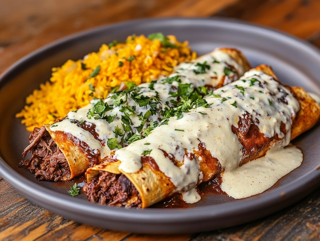 Creamy Roasted Garlic Brisket and Sweet Corn Enchiladas, Spanish Rice and Beans
