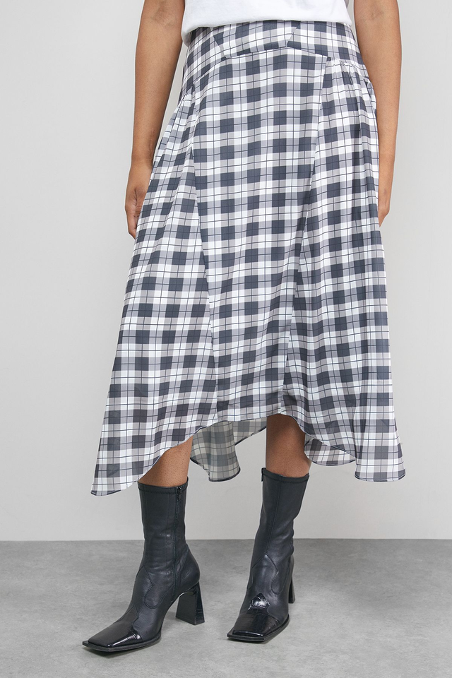 Tony Check Chiffon Asymmetric Midi Skirt
