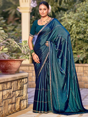 Women's Teal Shimmer Chiffon Embellished Border With Crystal Lines Saree With Blouse - Jyoti Fashion