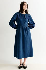 Prudence Babycord Big Collar Ric Rac Trim Midi Dress - Navy