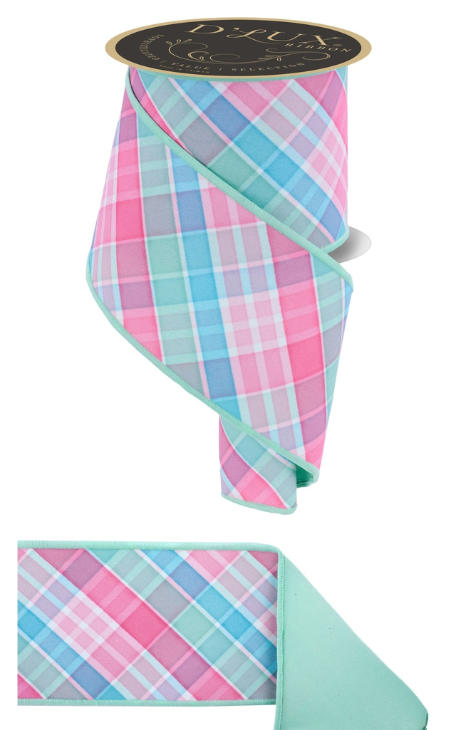 4" Bold Plaid Fused Back Ribbon: Lt Teal/Pink/Mint - 10 yds