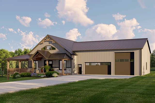 Plan 135173GRA: 4-Bed Farmhouse-Inspired Barndominium with Drive-Through RV Bay