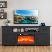 DEXTRUS Black 70'' Fireplace TV Cabinet with Built-in Power Socket for Screens up to 80'', Television Stand with Adjustable Divider & Drawer Storage, Fit for 23inch Fireplace(NOT Included Fireplace)