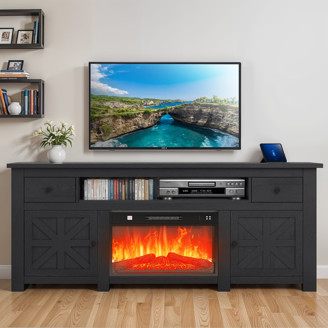 DEXTRUS Black 70'' Fireplace TV Cabinet with Built-in Power Socket for Screens up to 80'', Television Stand with Adjustable Divider & Drawer Storage, Fit for 23inch Fireplace(NOT Included Fireplace)
