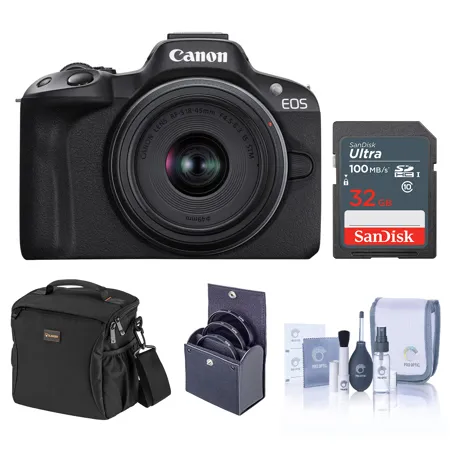 Canon EOS R50 Mirrorless Camera, Black with RF-S 18-45mm f/4.5-6.3 IS STM Lens, 32GB SD Card, Shoulder Bag, 49mm Filter Kit, Cleaning Kit