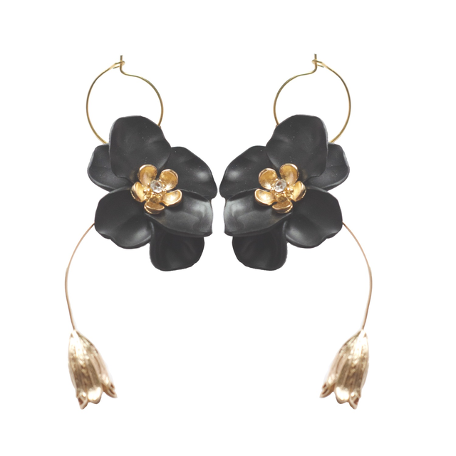 Black Flower Drop Earrings With Gold Bell Flower Charms by Ziolla Designs