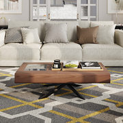 Mid-century Modern Coffee Table, Rectangular Wood Coffee Table with Tempered Glass, 55.11''