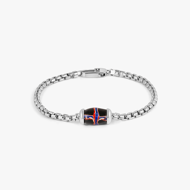 French Cross Chain Bracelet In Rhodium Plated Sterling Silver With Black French Cross Bead