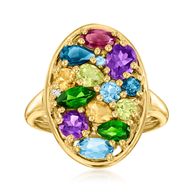 2.07 ct. t.w. Multi-Gemstone Oval Ring with Single Lab-Grown Diamond in 18kt Gold Over Sterling. Size 5