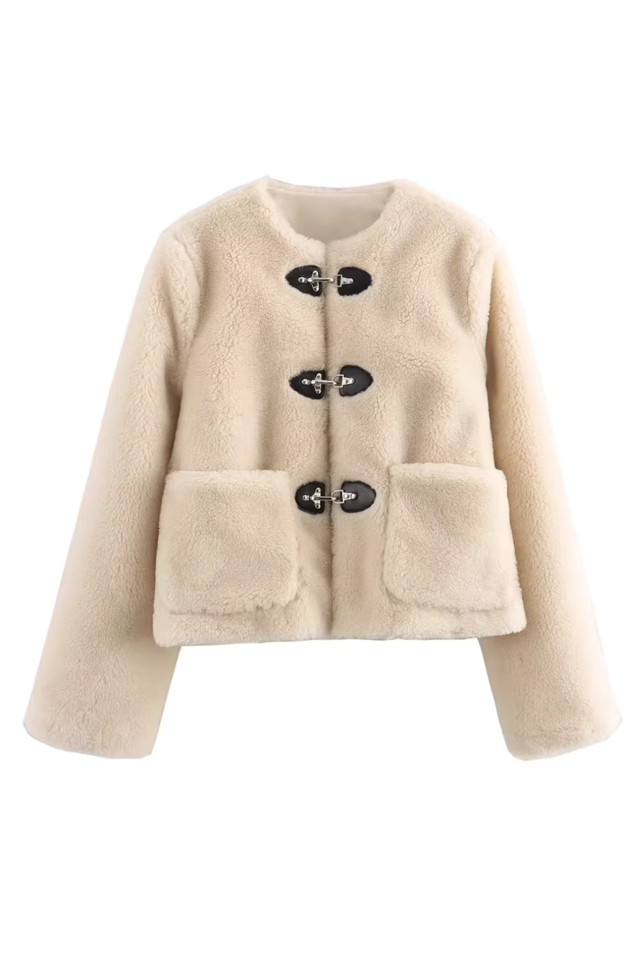 'Barbara' Round-Neck Buckle Sherpa Jacket (2 Colors)